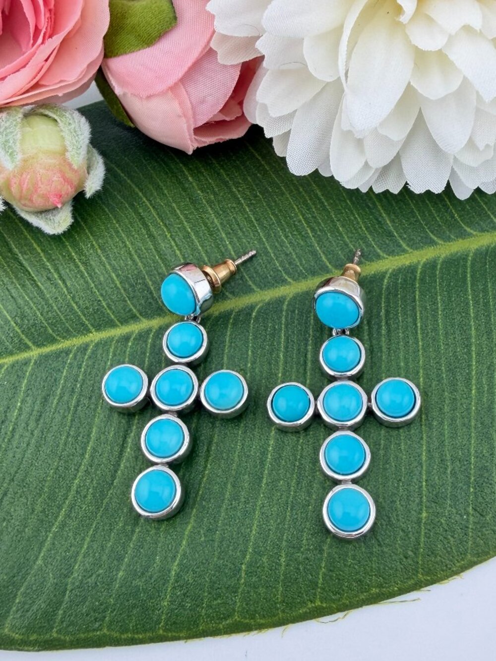 Turquoise Sterling Silver Robins Egg Blue Pierced Cross Earrings KHR 925 J876